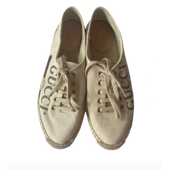 Gucci Cream Logo-Print Platform Espadrilles Flats - Picture 2 of 5